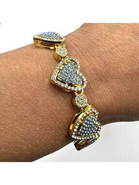 Gold Tone Heart Charm Bracelet with Blue and Clear Rhinestones